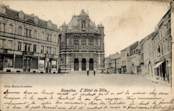 PC Gosselies Charleroi Wallonia Hainaut, L'Hôtel de Ville, people on the street, 1906