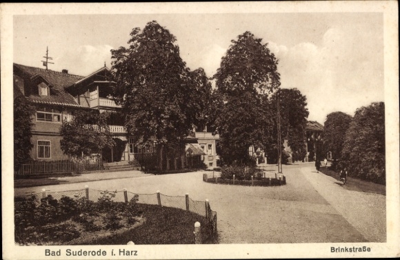 Postcard Bad Suderode Quedlinburg in the Harz, street view, trees, houses, Brinkstraße, old
