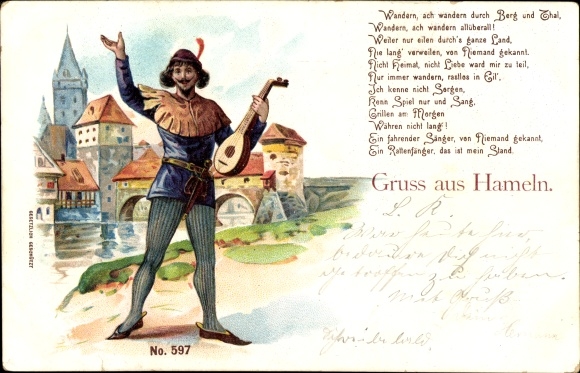 Kunstenaar litho Hameln in Nedersaksen, rattenvanger met luit, brug, kerk