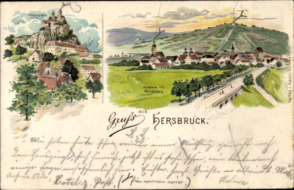 Litho Hersbruck im Nürnberger Land Bayern, Ort mit Michelsberg, Hohenstein