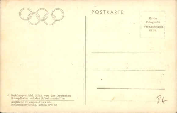 Postcard Berlin Charlottenburg Westend, Reichssportfeld, view from Deutsche Kampfbahn to swimming stadium