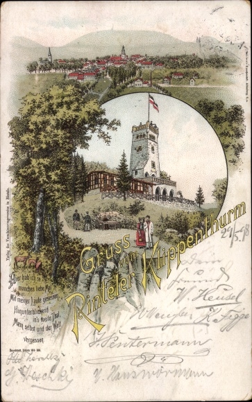 Chromo-Litho Rinteln on the Weser, cliff tower, observation tower, panorama of the place