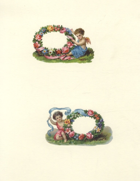 2 wafer angels with colorful flower wreaths, each approx. 5.5 x 9 cm