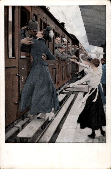 Artist Postcard Wennerberg, Bruno, The Kiss, Farewell at the Train Station, Soldiers, War March, I. WK