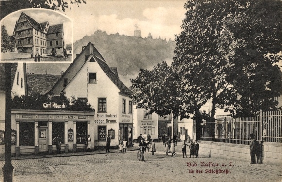 Postcard Nassau an der Lahn, Schlossstraße, bookbindery, owner Theodor Brunn