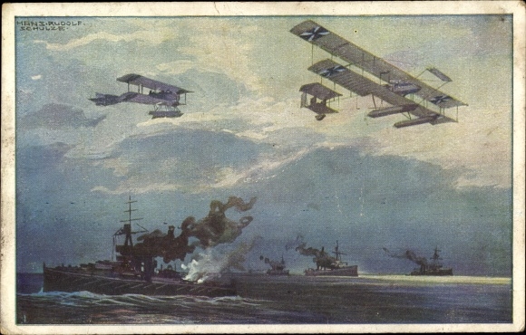 Artist PC Schulze, Hans Rudolf, German seaplanes over the English fleet, I. WW