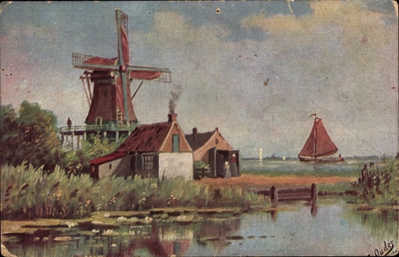 Artist PC Oudes, J., landscape motif, windmill, sailing boat