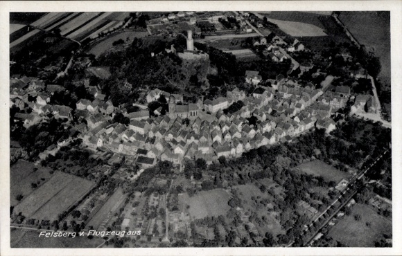 Postcard Felsberg in the Odenwald Hesse, aerial view of architecture, green landscape,