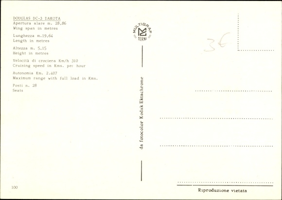 Postcard Italian Passenger Plane, Alitalia, Douglas DC-3 Dakota, I-LENE