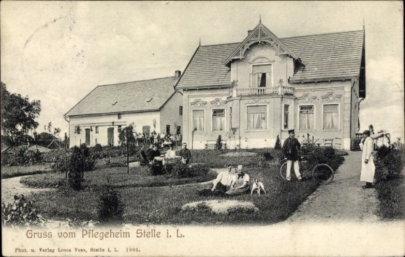 Postcard Stelle in the district of Harburg, nursing home, garden party