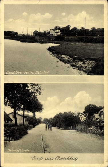 Ak Owschlag in Sleeswijk-Holstein, treinstation, oever van het meer, uitzicht op Bahnhofstrasse