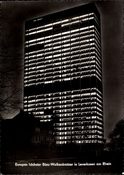Leverkusen in the Rhineland, Europe's tallest office skyscraper, Bayer Tower, night shot