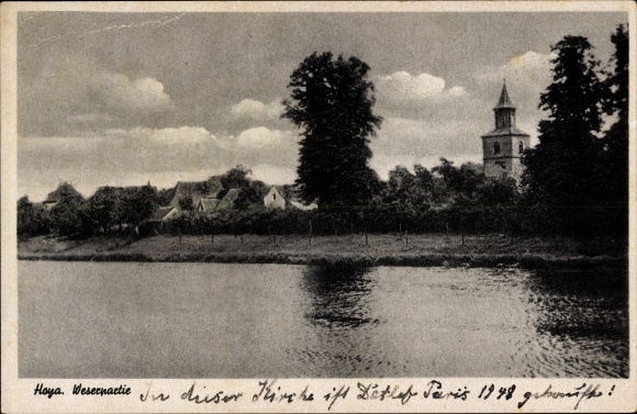 Postcard Hoya on the Weser, Weserpartie at the church
