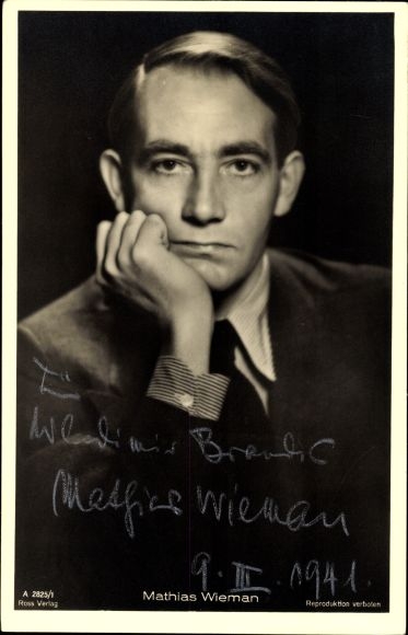 Ak-acteur Mathias Wieman, portret, Ross Verlag A 2825 1, handtekening