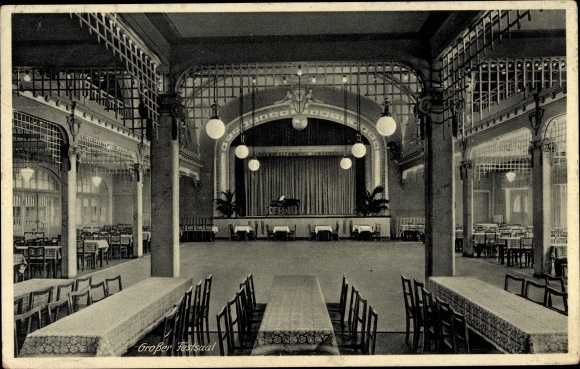 Ak Großbothen Grimma in Saksen, Müller's restaurants, grote balzaal, podium, vleugel