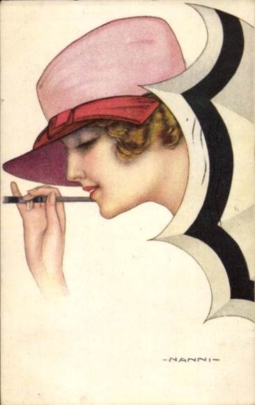 Artist Postcard Nanni, Woman with Hat, Cigarette, Portrait, Profile View