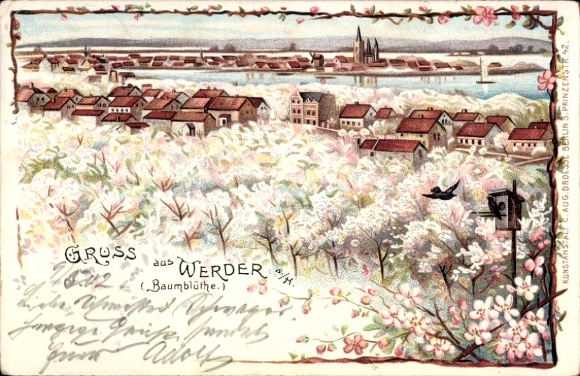 Litho Werder an der Havel, Blick auf den Ort zur Zeit der Baumblüte, Nistkasten