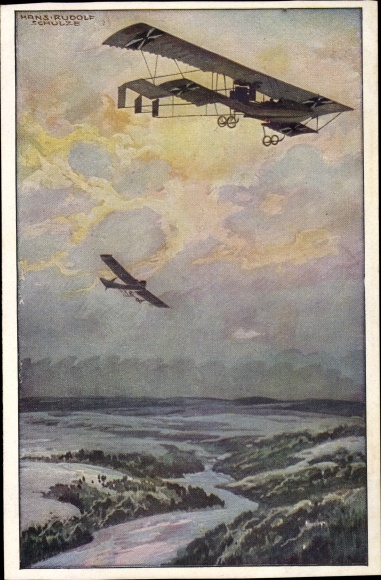 Artist PC Schulze, Hans Rudolf, military biplane on a reconnaissance trip over the Argonne Forest
