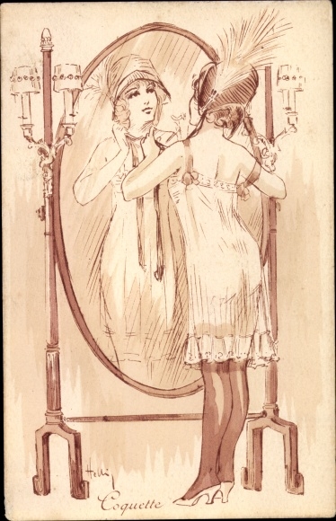 Artist PC Helli, Coquette, Young woman in a slip in front of the mirror