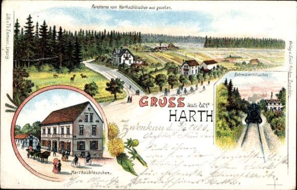 Chromo-Litho Zwenkau in Saxony, greetings from the Harth, Harthschlösschen, railway keeper's house, steam locomotive