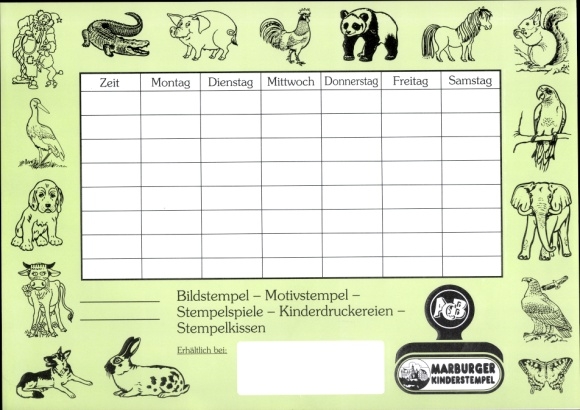 Timetable, Marburg children&#39;s stamp, animals - crocodile, elephant, birds around 1970