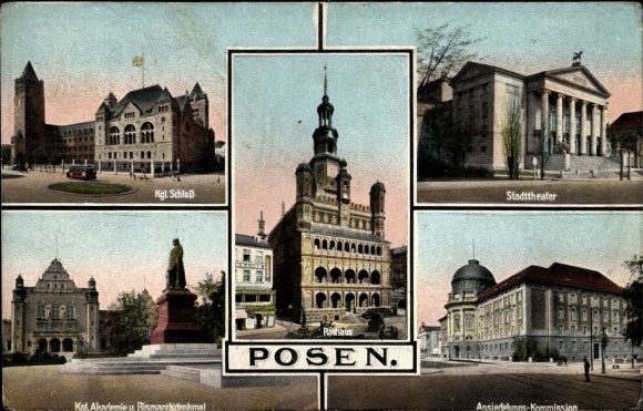 Postcard Poznań Poznań, Royal Castle, City Theater, City Hall, Royal. Academy, Bismarck monument