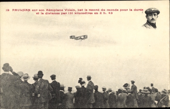 Postcard Paulhan breaks the world record with his Aéroplane Voisin, pilot, aviation pioneer