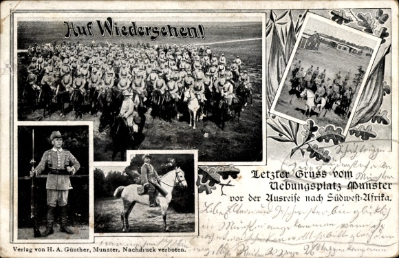 Ak Munster an der Örtze, Ausreise nach Südwest Afrika, Soldaten zu Pferd
