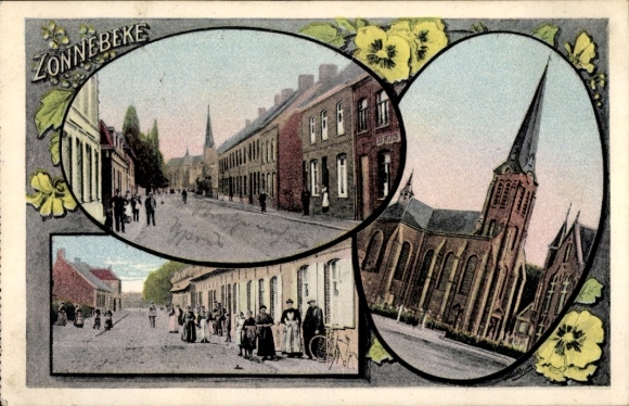Postcard Zonnebeke Zonnebeeke Zonnebecke West Flanders, various views of church, street, colorful