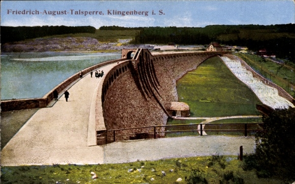 Postcard Klingenberg in the Ore Mountains of Saxony, Friedrich-August Dam, stone reservoir, landscape, wall