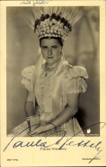 Ak Schauspielerin Paula Wessely, Portrait, Kopfschmuck, Autogramm