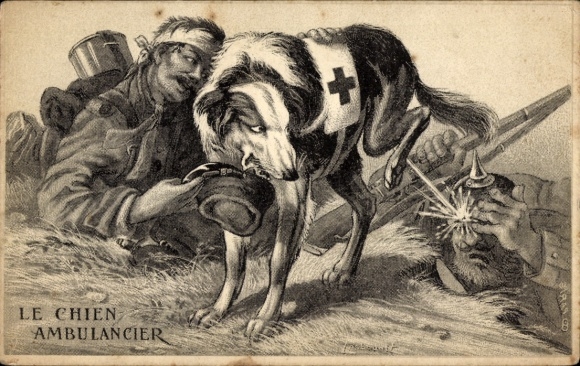 Artist Postcard Le Chien Ambulancier, Red Cross, medical dog pees on German soldiers