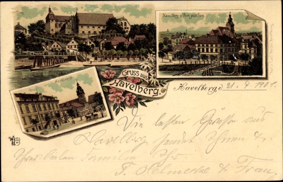 Chromo-Litho Havelberg in Saxony Anhalt, market square, cathedral, view of the town from the water