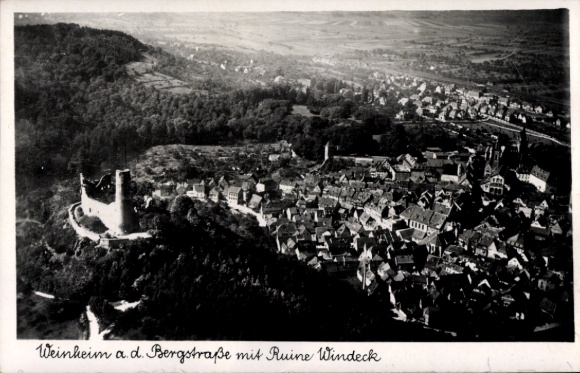 Postcard Weinheim an der Bergstraße Baden, aerial photograph, Windeck ruins, city view, architecture
