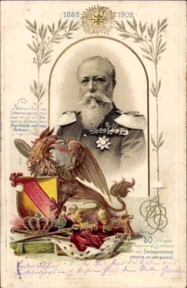 Präge Wappen Passepartout Litho Großherzog Friedrich I. von Baden, Portrait