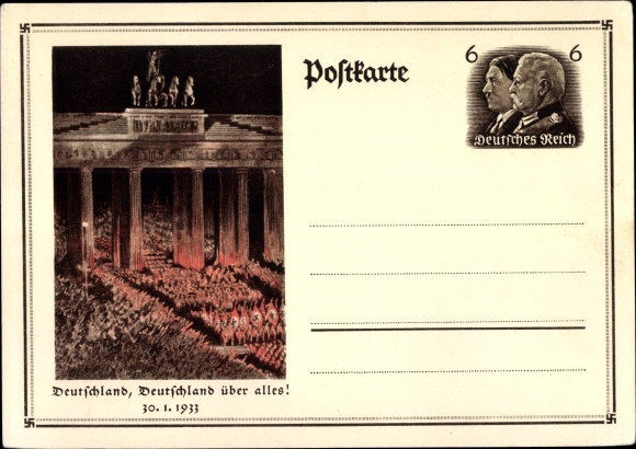Ganzsachen Ak Berlin, Deutschland über alles, Aufmarsch 30.01.1933, Brandenburger Tor