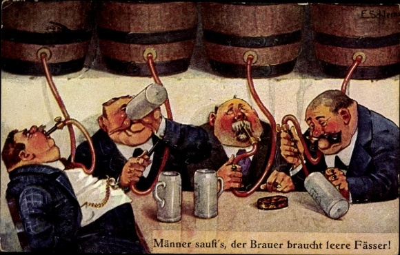 Künstler Ak Schlemo, Männer sauft's, der Brauer braucht leere Fässer