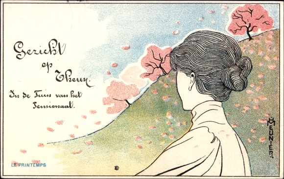 Art Nouveau artist Postcard Meunier, allegory, spring, woman, landscape, flowering trees