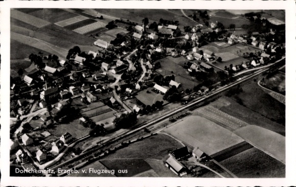 Postcard Dorfchemnitz Zwönitz in the Ore Mountains, aerial photography, railway tracks, fields