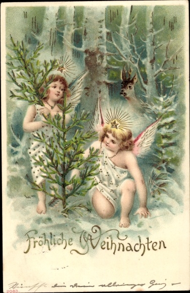 Ak Glückwunsch Weihnachten, Engel, Tannenbaum, Reh