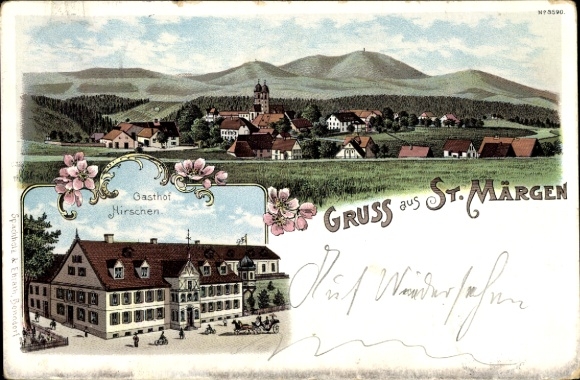 Chromo-Litho Sankt Märgen in the Black Forest, general view, Gasthof zum Hirschen