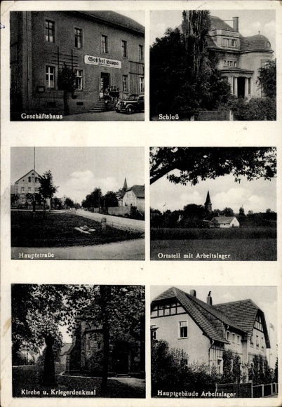 Ak Wendisch Luppa Wermsdorf in Sachsen, Geschäftshaus, Schloss, Hauptstraße, Arbeitslager, Kirche