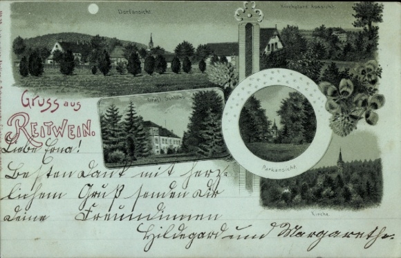 Moonlight Chromo-Litho Reitwein in Oderbruch, village view, church square, park view, church