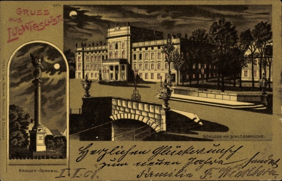 Moonlight Chromo-Litho Ludwigslust in Mecklenburg-Western Pomerania, war memorial, castle, castle bridge