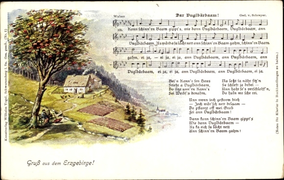 Song Postcard Vogel, Wilhelm, Dar Vuglbärbaam, idyllic landscape, Erzgebirge