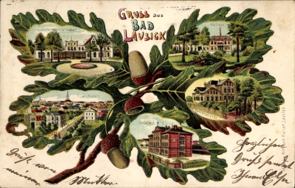 Eichenblatt Litho Bad Lausick in Sachsen, Kurhaus, Hermannbad, Schule, Gesamtansicht