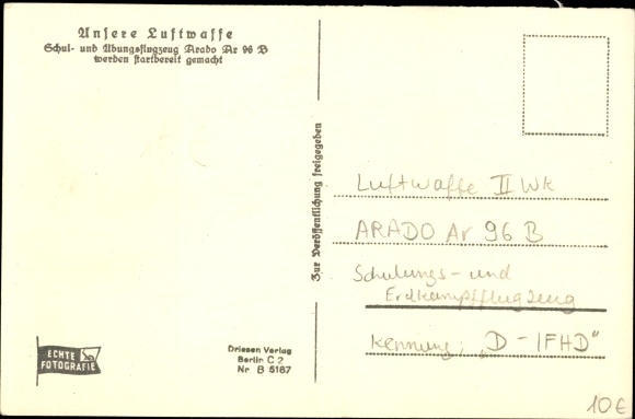 Postcard German Air Force, training and practice aircraft Arado Ar 96 B are made ready for take off, D-IFHD