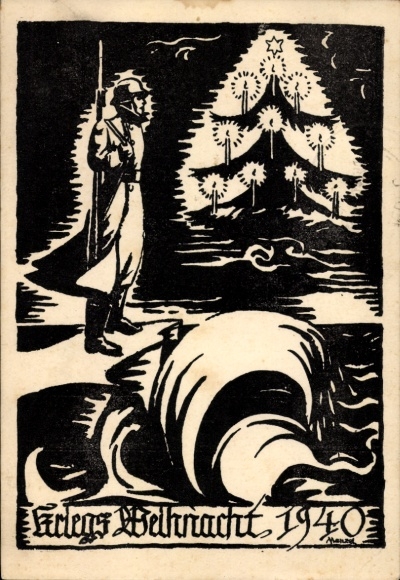 Künstler Ak Kriegsweihnacht 1940, Wehrmachtssoldat auf Wachtposten, Tannenbaum