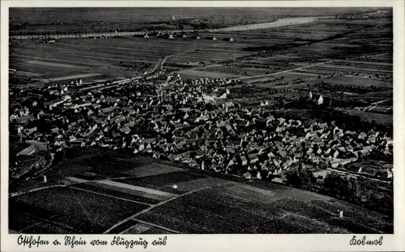 Ak Osthofen in Rheinhessen, Luftaufnahme von  Rhein, Dorfansicht, Gebäude, Felder