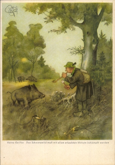 Artist Postcard Geilfus, H., Wild boar must be fought by all means, hunter humor